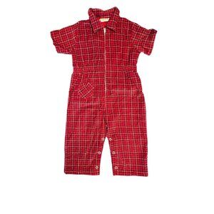 Vintage Health-Tex Plaid Jumpsuit Toddler 3 • 1970s Red Tartan Snaps Zip